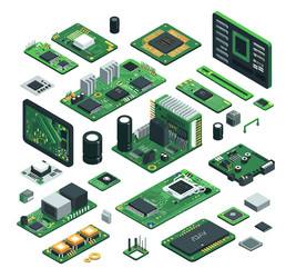 Isometric Microchip Set - Circuit Components vector image