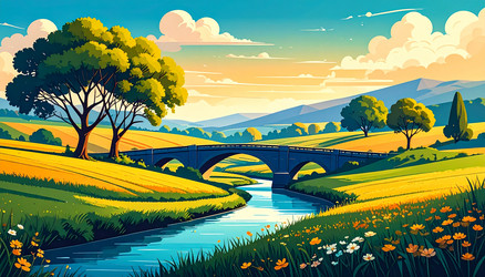 idyllic countryside landscape with stone bridge Vector Image