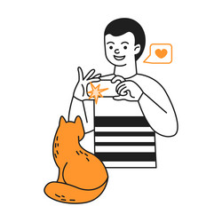man takes photo of cat using smartphone line vector image