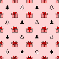 Seamless pattern with gift boxes anf fir trees vector