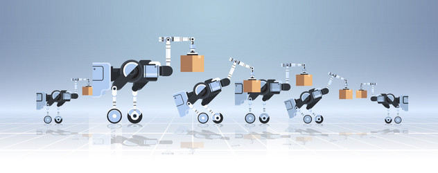 Robots loading cardboard boxes hi-tech smart vector