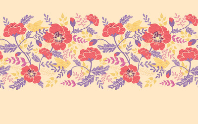 poppy flowers and birds horizontal seamless vector