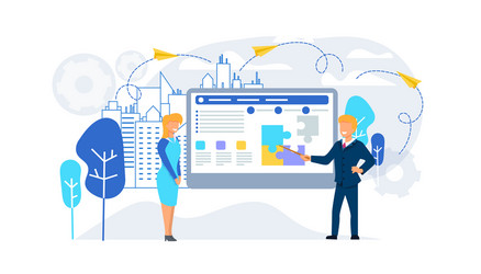 man teach creating team composing puzzle pieces vector image