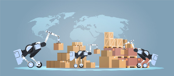 Robots loading cardboard boxes hi-tech smart vector