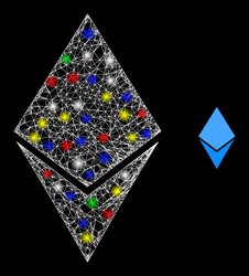 Illuminated web mesh ethereum crystal icon vector