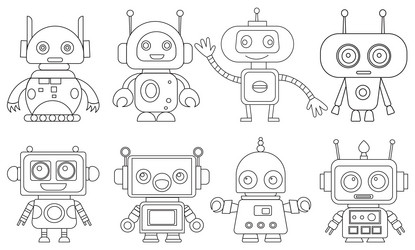 set of characters robots coloring book isolated vector image