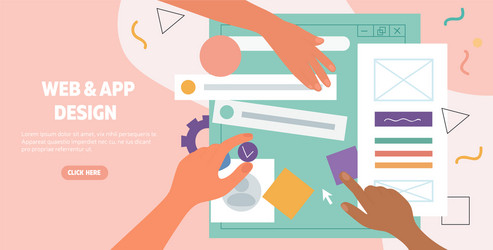 Hands working on a web page and app design vector