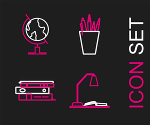 set line workplace with table lamp and open book vector image