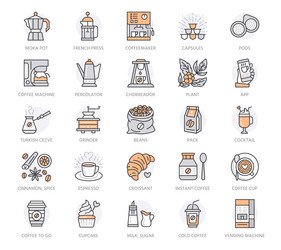 Coffee to go line icon set croissant cupcake vector