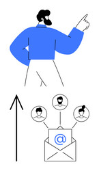 man pointing upward with email envelope connecting vector image