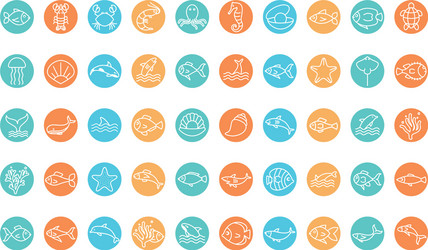 isolated sea animals line block style icon set vector image