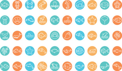 Isolated sea animals line block style icon set vector