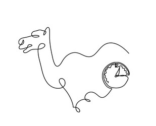 silhouette of abstract camel with clock as line vector image