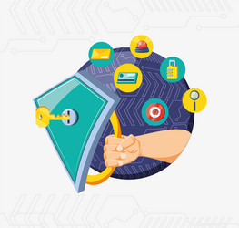 Hand with shield and set icons cyber security vector