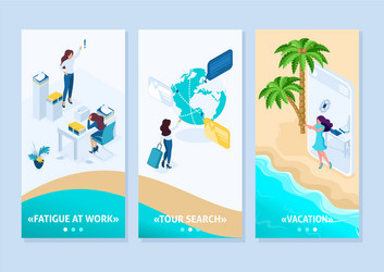 Isometric girl does from office to vacation vector