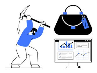 miner swinging pickaxe near briefcase and computer vector image