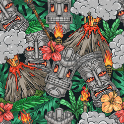 Tiki Masks & Volcano Pattern vector image