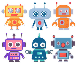 set of robot characters in doodle style isolated vector image