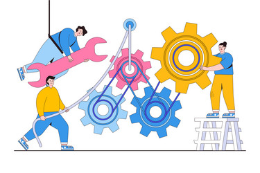 flat business process and team working with cogs vector image