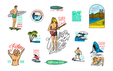 surf badge retro wave and palm summer california vector