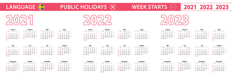 2021 2022 2023 year calendar in swedish language vector image