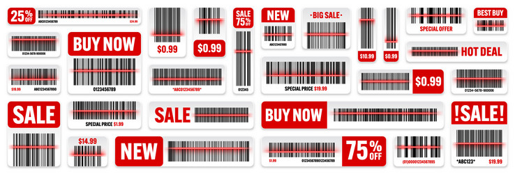 set of product barcodes with red scanning line vector image