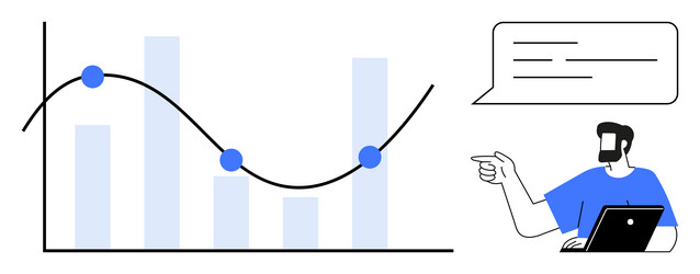 man explaining graph with bar and line chart using vector image