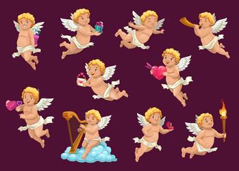 Cupid Angels with Hearts and Gifts Vector Image