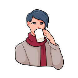 angry anime boy with stylish haircut drinking tea vector