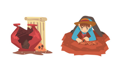 Man archaeologist with brush searching vector