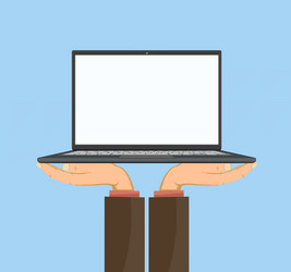 Man holds a laptop with white blank screen vector