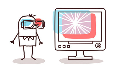 man watching computer screen with 3d glasses vector