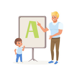 Young teacher and little boy standing next vector