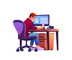 man at workplace with computer on table and phone vector image