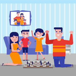 young caucasian white family playing chess at home vector