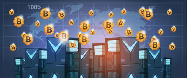 bitcoin mining farm data center over world map vector image