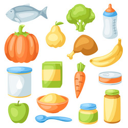 Baby Food Items - Colorful Jars & Bowls Vector Image