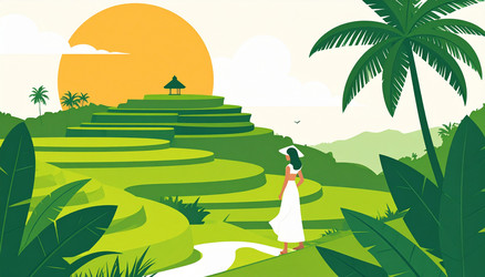 woman in white dress admires lush green rice Vector Image