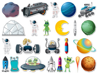 sticker set of outer space objects and astronauts vector