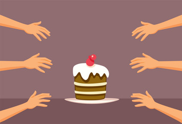 Hands rushing to grab cake cartoon vector