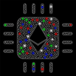 bright mesh wire frame ethereum processor chip vector