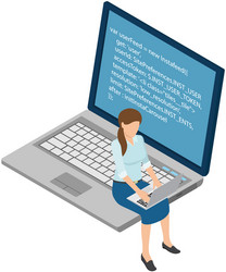 Woman looking at laptop screen with program code vector