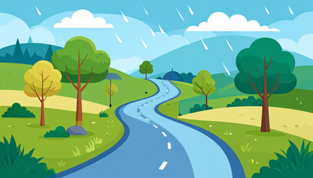 winding road through a lush landscape on rainy Vector Image