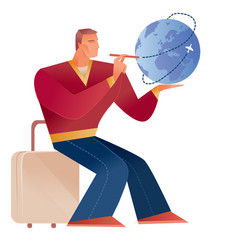 Man in a red sweater sitting on suitcase vector