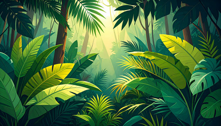 lush tropical jungle foliage bathed in warm Vector Image