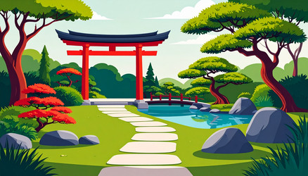 serene japanese garden with torii gate and stone Vector Image