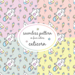 seamless pattern with unicorn cats in four colors vector image