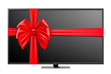 Plasma tv with red ribbon and bow 3d rendering vector