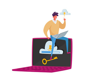 Tiny male character sitting on huge laptop vector