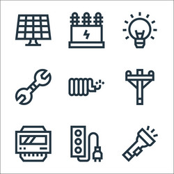 Electrician tools and line icons linear set vector